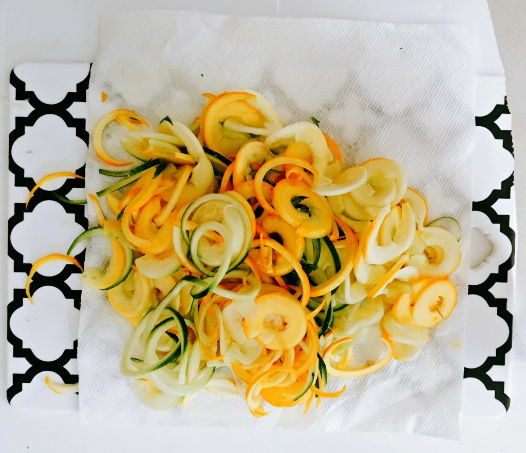 Spiralized vegetables dry with paper towel
